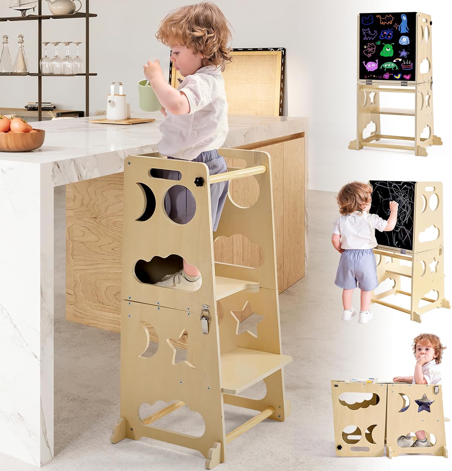 Toddler Kitchen Stool Helper, 4 in 1 Toddler Standing Tower Collapsible