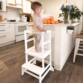 G TALECO GEAR Toddler Kitchen Stool Helper, Step Stool for Kids with Chalkboard Safety Rail for Toddlers 18 Months and Older (White)