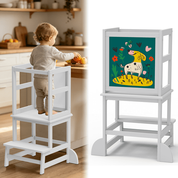 Toddler Kitchen Stool Helper, Step Stool for Kids with Chalkboard Safety Rail for Toddlers 18 Months and Older (White)