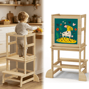 Toddler Kitchen Stool Helper, Step Stool for Kids with Chalkboard Safety Rail for Toddlers 18 Months and Older,Wood, Natural