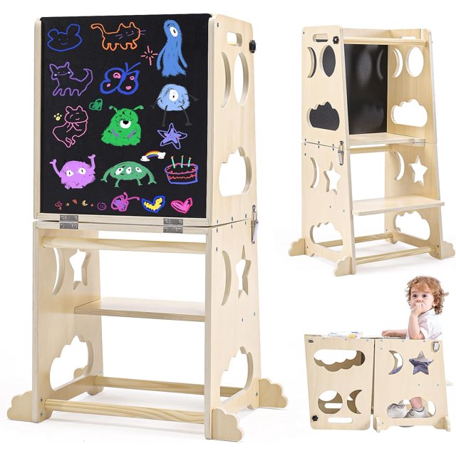 Toddler Kitchen Stool Helper Tower, 4 in 1 Toddler Tower Collapsible