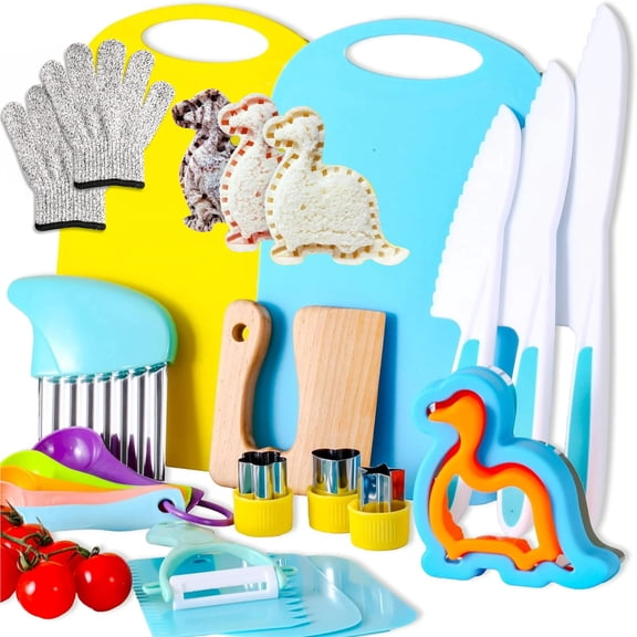 Toddler Knife Set - Kids Knifes for Real Cooking, Montessori Kids Kitchen Knife Set with Cutting Board Crinkle Cutters Kid Safe Knives, Toddlers Kitchen Tools for Age 2-10 Year Old Girl Boy