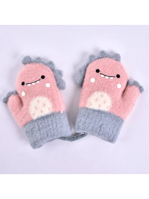 Toddler Knitted Mittens Cute Face Design Anti-Lost String for Winter Outdoor Play Kids Gloves 0-2T