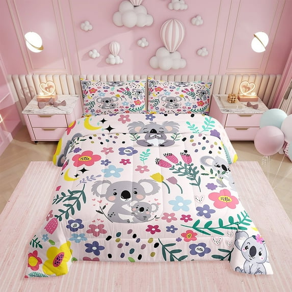 Koala Comforter Set ,Cartoon Animal Bedding ,Lovely Koala Flower Moon Floral Comforter Sets,Groovy Style AlterPink Bed Sets 2pcs