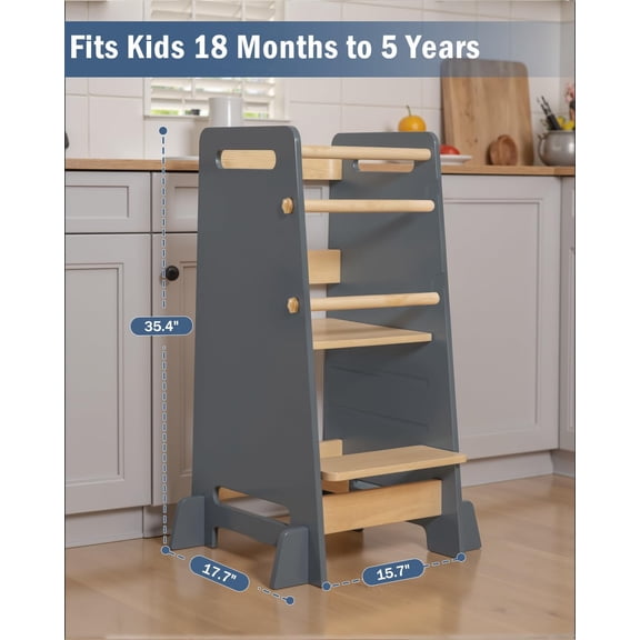 Toddler Learning Standing Tower, Adjustable Height Kids Kitchen Step Stool, Ideal Kitchen Counter Helper, Stable and Safe - Gray