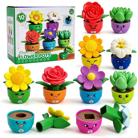 Toddler Learning Toys for 1 2 3 Year Old Boys Girls, Montessori Flower Sorting and Stacking Toy, Color Shape Matching Preschool Educational Game for Fine Motor Skills, 10PCS
