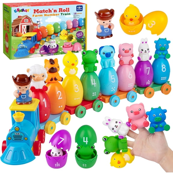 Toddler Learning Toys for 1 2 3 Years Old, Count Matching & Sorting Montessori Farm Train Set with 8 Farm Animals & 1 Farmer Finger Puppets, Christmas Easter Birthday Gifts for Baby Boys Girls
