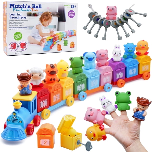 Farm Animal Train Set for Toddlers - Montessori Counting & Sorting Toy with 5 Activities, Finger Puppets & Locking Barns - Perfect Gift for 18M+ Boys & Girls
