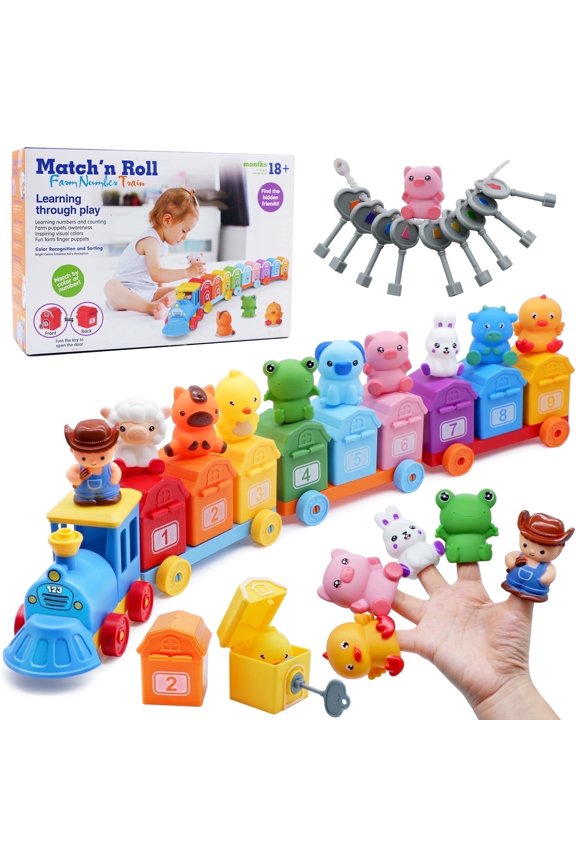 Farm Animal Train Set for Toddlers - Montessori Counting & Sorting Toy with 5 Activities, Finger Puppets & Locking Barns - Perfect Gift for 18M+ Boys & Girls