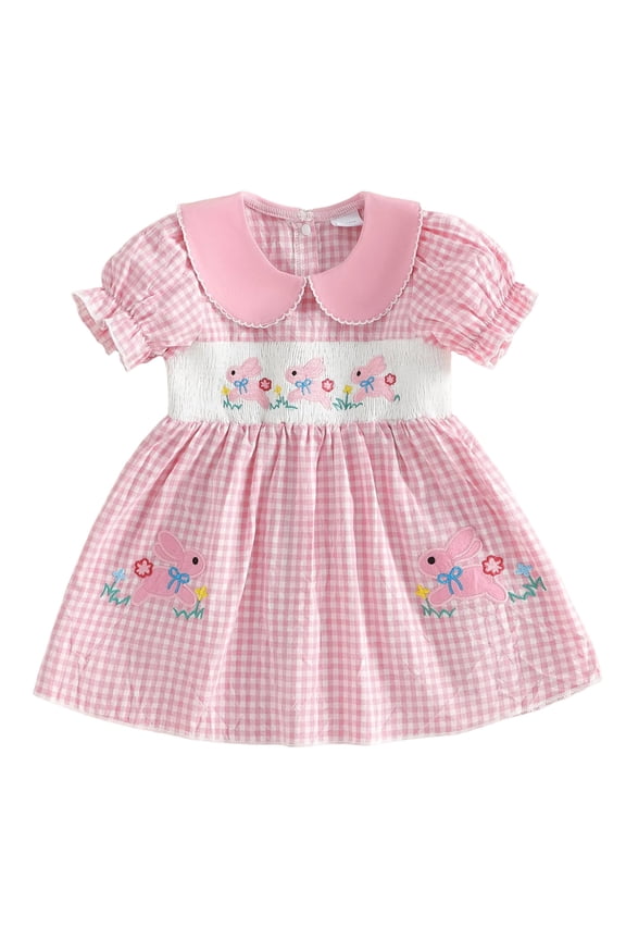 Toddler Little Baby Girl Easter Outfit Bunny Embroidery Dress Short Sleeve Smocked Easter Dresses for Girls