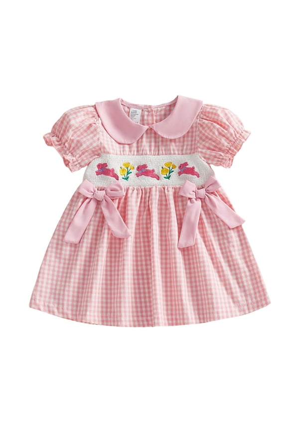 Toddler Little Baby Girl Easter Outfit Bunny Embroidery Smocked Dress Short Sleeve Doll Collar Bow Plaid Easter Dress Cute Summer Clothes