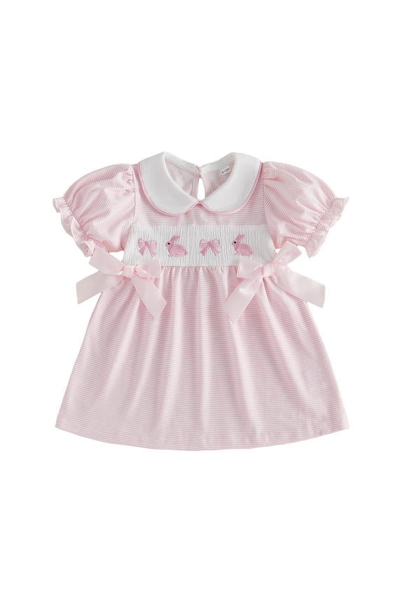 Toddler Little Baby Girl Easter Outfit Bunny Embroidery Smocked Dress Short Sleeve Doll Collar Bow Plaid Easter Dress Cute Summer Clothes