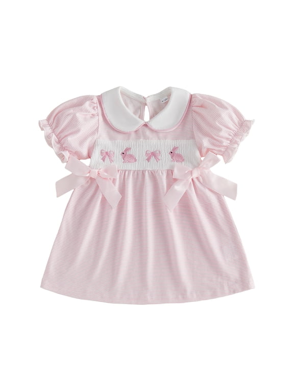 Toddler Little Baby Girl Easter Outfit Bunny Embroidery Smocked Dress Short Sleeve Doll Collar Bow Plaid Easter Dress Cute Summer Clothes