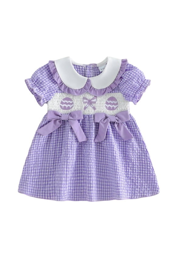 Toddler Little Baby Girl Easter Outfit Bunny Embroidery Smocked Dress Short Sleeve Doll Collar Bow Plaid Easter Dress Cute Summer Clothes