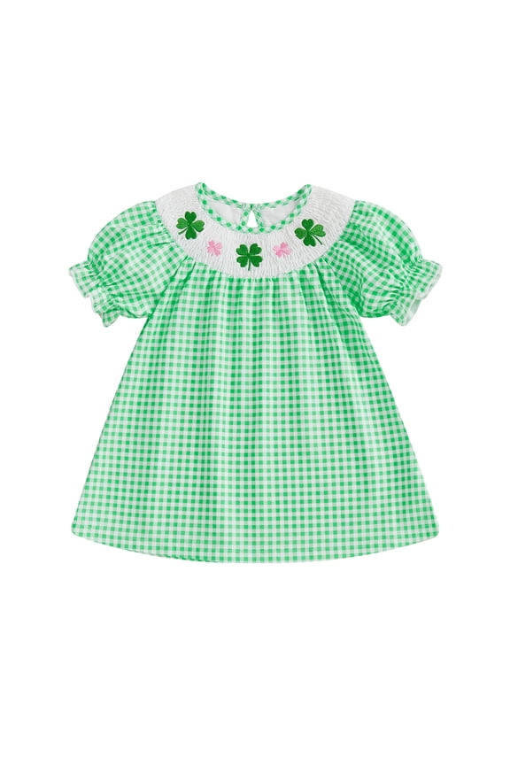 Toddler Little Baby Girl St Patricks Day Outfit Clover Smocked Dress Puff Short Sleeve Plaid Dress Irish Clothes