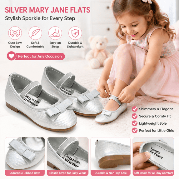 Toddler & Little Girl Bow-Accent Ballet Flats – Soft Sole Non-Slip Dress Shoe