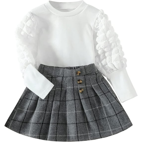 Toddler Little Girl Fall Winter Clothes Puff Sleeve Tops Plaid Mini Skirts 2Pcs Outfits Set 1-2 T