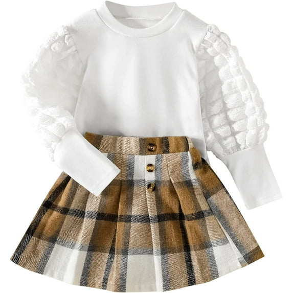 Toddler Little Girl Fall Winter Clothes Puff Sleeve Tops Plaid Mini Skirts 2Pcs Outfits Set 4-5 T