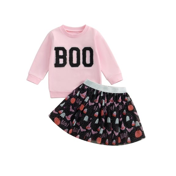 Toddler Little Girl Halloween Skirt Outfit Boo Sweatshirt Pullover Long Sleeve Shirt Tutu Tulle Dress Fall Clothes 1-6T