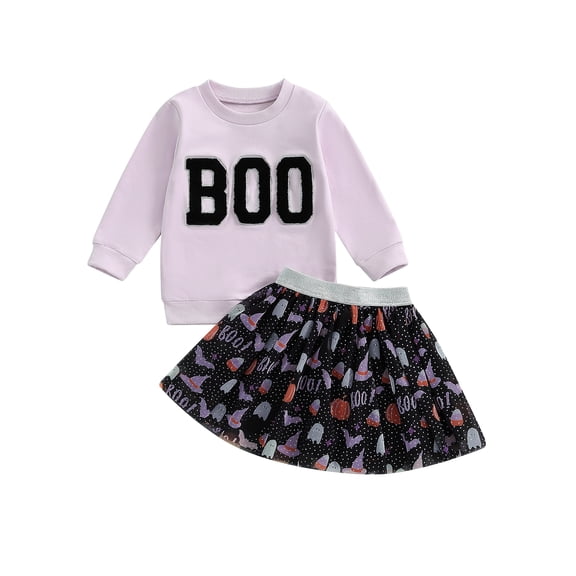 Toddler Little Girl Halloween Skirt Outfit Boo Sweatshirt Pullover Long Sleeve Shirt Tutu Tulle Dress Fall Clothes 1-6T