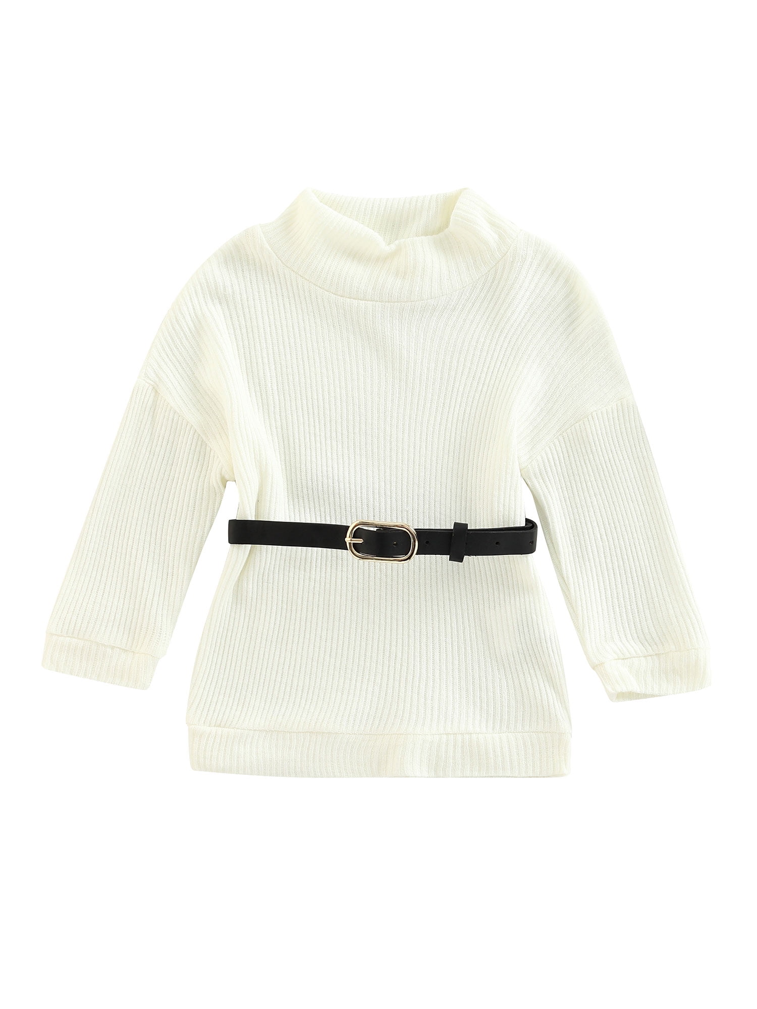 Toddler Little Girl Knit Dress Ribbed Long Sleeve Turtleneck Sweater Dresses with Belt Fall