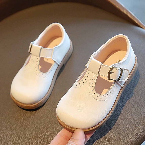 Toddler Little Girl Mary Jane School Shoes Soft Anti-Slip Sole Hook and Loop Wedding Dress Flat White 5-6 Years