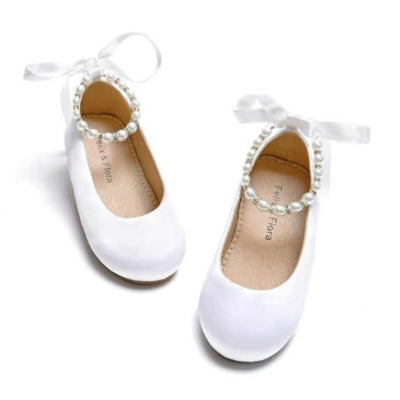 Toddler Little Girl White Dress Shoes Size 7 - Girl Ballet Flats Wedding Party