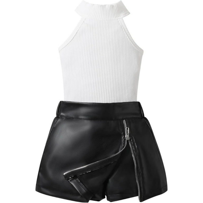Toddler Little Girl oss Sleeveless Crop Top PU Leather Skirt Set