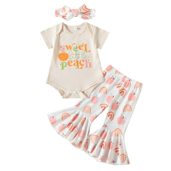 Youmylove Toddler Little Girls Clothes Short Sleeve Romper Bodysuit Peach Prints Flared Pants Headbands Outfits Casual Comfy Outdoor Dailywear