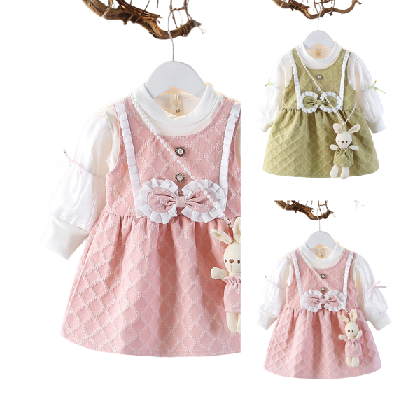 Toddler Little Girls Dress Bow Fall Winter Clothes Kids Girls Outfits Long Sleeve Thanksgiving School Picture Day Outfits Pink 1-2Y(90)