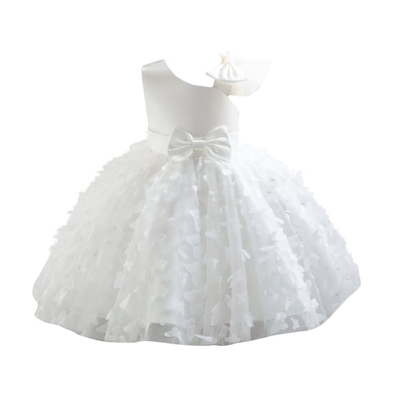 Toddler & Little Girls Princess Ball Gown Bow Decor Butterfly Tulle Party Dress for Special Event White 130