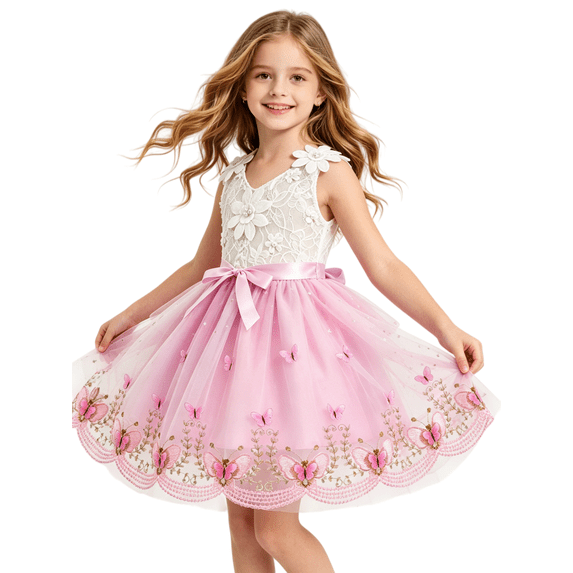 Toddler & Little Girls Princess Party Dress White Lace Pink Tulle Gown with 3D Flower Butterfly Embroidery for Birthday Wedding Flower Girl Pageant Formal Events