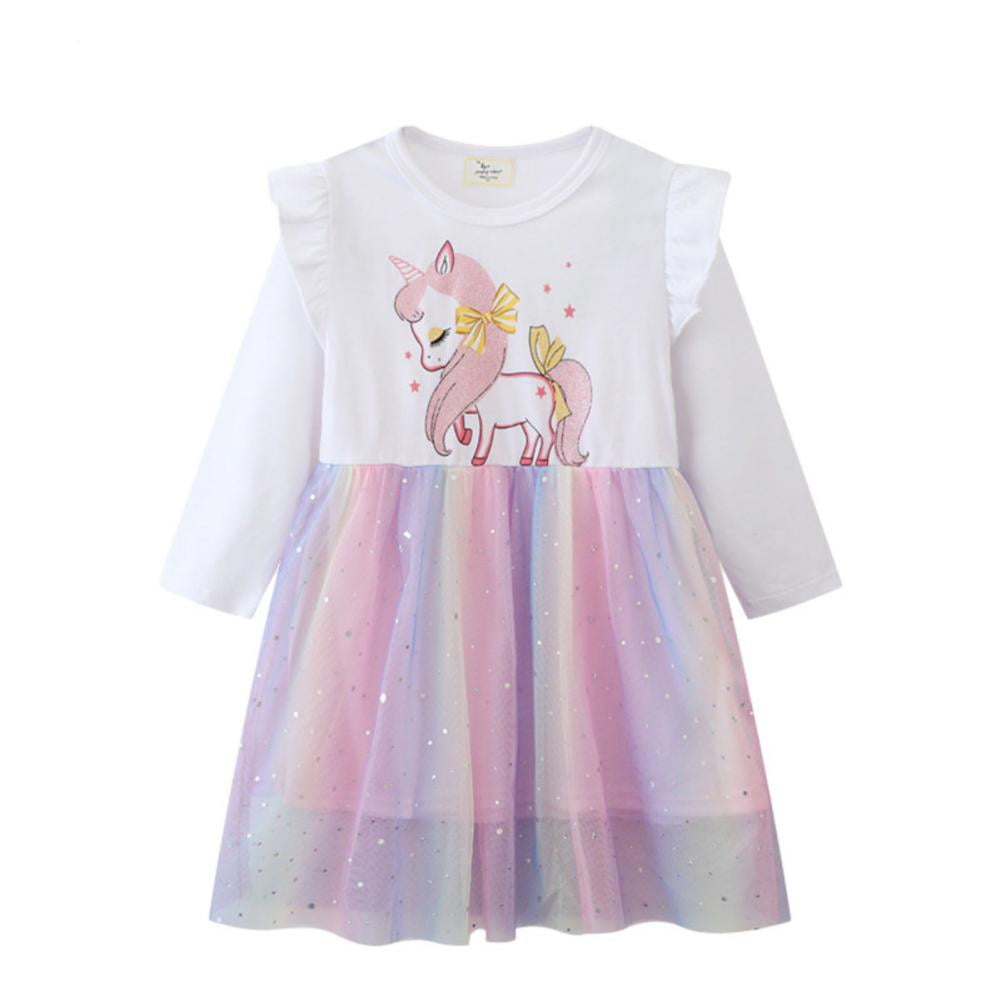 long sleeve unicorn dress Girls Long Sleeve Unicorn Star Print Knit Skater Dress - PINK