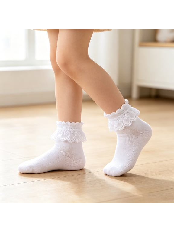 Toddler Little Girls White Ruffle Socks Dress Lace Frilly Socks | Lace Embroidery Flower Ruffle, 0-10Y Girls White Frilly Dress Socks, Uniforms and Formal Dresses
