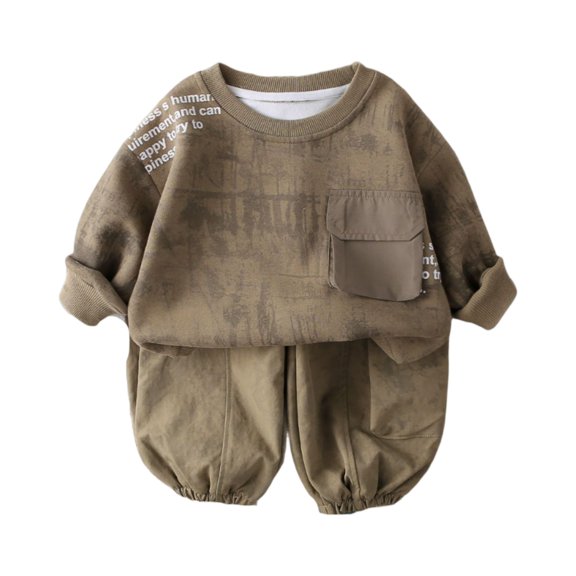 Toddler Long Sleeve Pullover Top and Elastic Waist Pants Set with Printed Pattern and Chest Pocket for Boys Girls