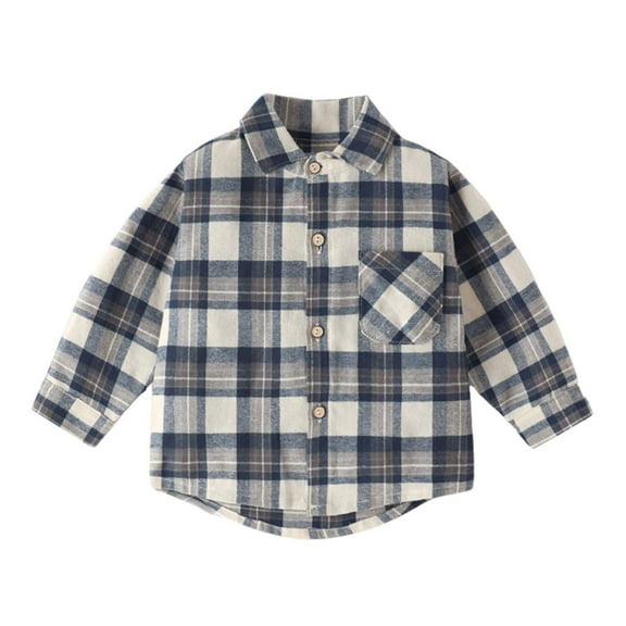 Toddler Long Sleeve Shirt Kids Boys Girl Fashion Cute Plaid Print Casual School Uniform Top Shirt Jacket with Pocket 1-10 Years Blue