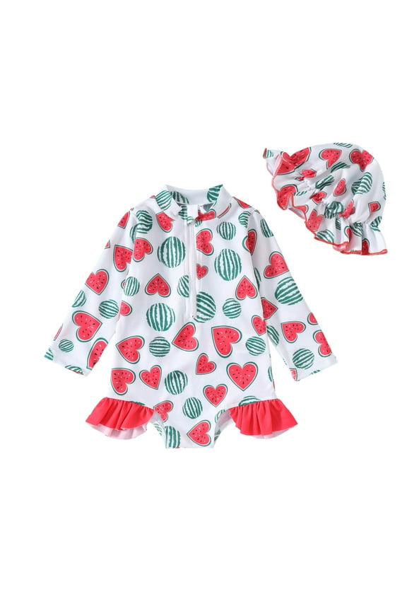 Toddler Long Sleeve Swimsuit Girl Workout Swimsuits for Girls Bathing Suits Kids Swim Suit Swimwear Summer Toddler Swimsuit with Ruffles and Watermelon Print Beach Swimsuit Bikini Cap Set