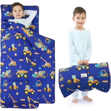 Toddler Nap Mat Boys Kids Nap Mats with Removable Pillow and Blanket Engineering Vehicle Toddler Sleeping Bag for Preschool Daycare Blue Excavator 53x21 Inch