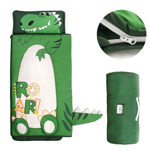 Toddler Nap Mat - Cool Dinosaur Design with Removable Pillow and Soft Blanket, Sleeping Bag for Boys' Daycare, Preschool, Travel, and Camping