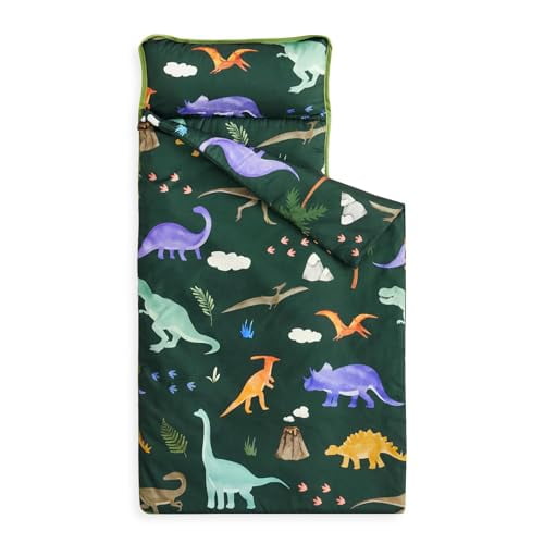 - Toddler Nap Mat with Pillow and Blanket, for Kids Boys Girls in Kindergarten Daycare Preschool Pre K, Roll Up Sleeping Bag, Cute Colorful Dinosaur, Dark Green, Standard