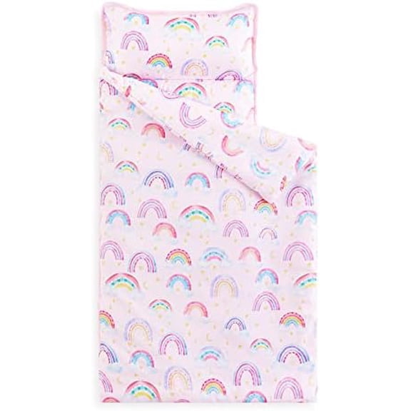 - Toddler Nap Mat with Pillow and Blanket, for Kids Girls Ages 3 Plus in Kindergarten Daycare Preschool, Roll Up Sleeping Bag, Colorful Rainbow Clouds
