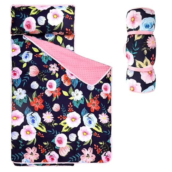 Toddler Nap Mat with Pillow and Plush Blanket, Kids Sleeping Bags for Preschool Daycare, Slumber Bags for Girls Boys Ages 3-7 Years, 55'' x 23'', Floral