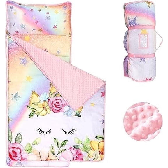 Toddler Nap Mat with Removable Pillow and Blanket, Soft Kids Napping Mats Extra Large Rolled Sleeping Mats for Daycare,Sleepovers Preschool Travel Camping, Ages 3-7 Years