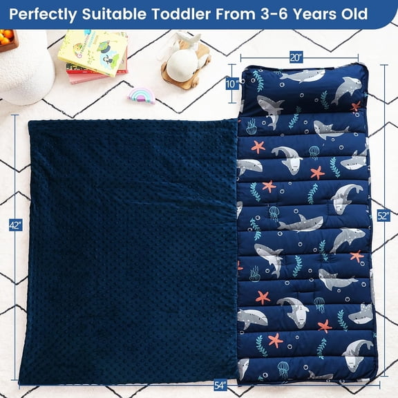 Toddler Nap Mat with Removable Pillow and Fleece Blanket, Rollup Design Warm Slumber Bags for Boys, 52"x20"x2" Kids Sleeping Bag for Daycare Preschool Travel Camping,