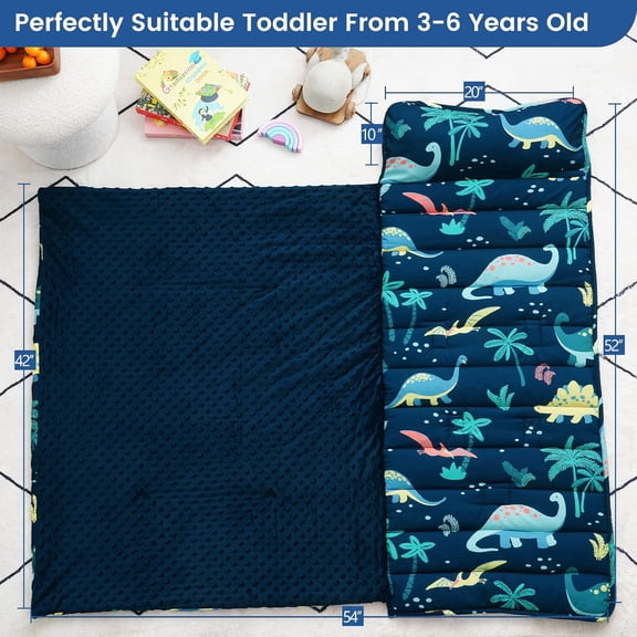 Toddler Nap Mat with Removable Pillow and Minky Fleece Blanket, Rollup Design Warm Slumber Bags for Boys, 52"x20"x2" Kids Sleeping Bag for Daycare Preschool Travel Camping, Dinosaur