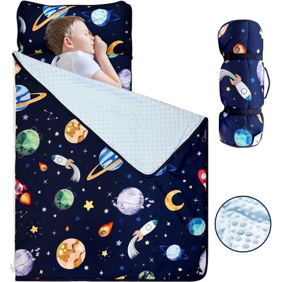 Toddler Nap Mat with Removable Pillow and Soft Dot Blanket, Kids Napping Mats Rockets Space Rolled Slumber Bags for Boys Preschool, Daycare, Camping 22 x 54inch Ages 3-7 Years, Navy Blue