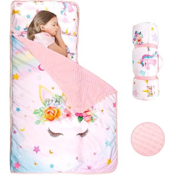 Toddler Nap Mat with Removable Pillow and Soft Dot Blanket Kids Unicorn Napping Mats, Extra Large Rolled Slumber Bags for Girls Preschool, Daycare, Camping, 22 x 54 inches Ages 3-7 Years