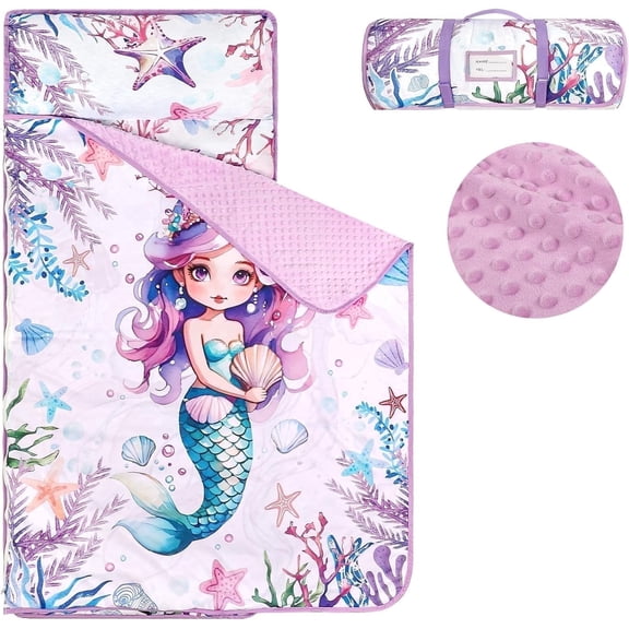 Toddler Nap Mat with Removable Pillow & Soft Minky Blanket, Extra Large Rolled Napping Mats for Girls Boys, Kids Slumber Bags for Daycare, Preschool Travel Camping