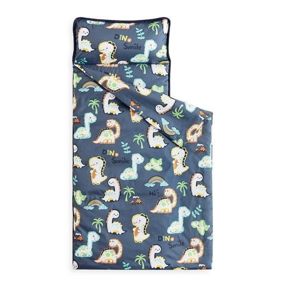 Toddler Nap Mat with Pillow and Blanket, 100% Cotton Fabric, for Kids Boys Girls in Daycare Kindergarten Preschool, Cute Dinosaur Cartoon on Navy