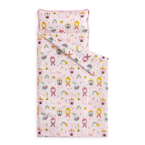 Toddler Nap Mat with Pillow and Blanket, 100% Cotton Fabric, for Kids Boys Girls in Daycare Kindergarten Preschool, Princess Castle on Pink
